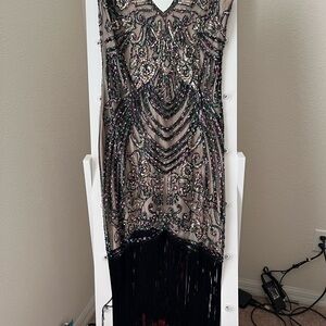 Glamorous Black and Gold Beaded Midi Dress